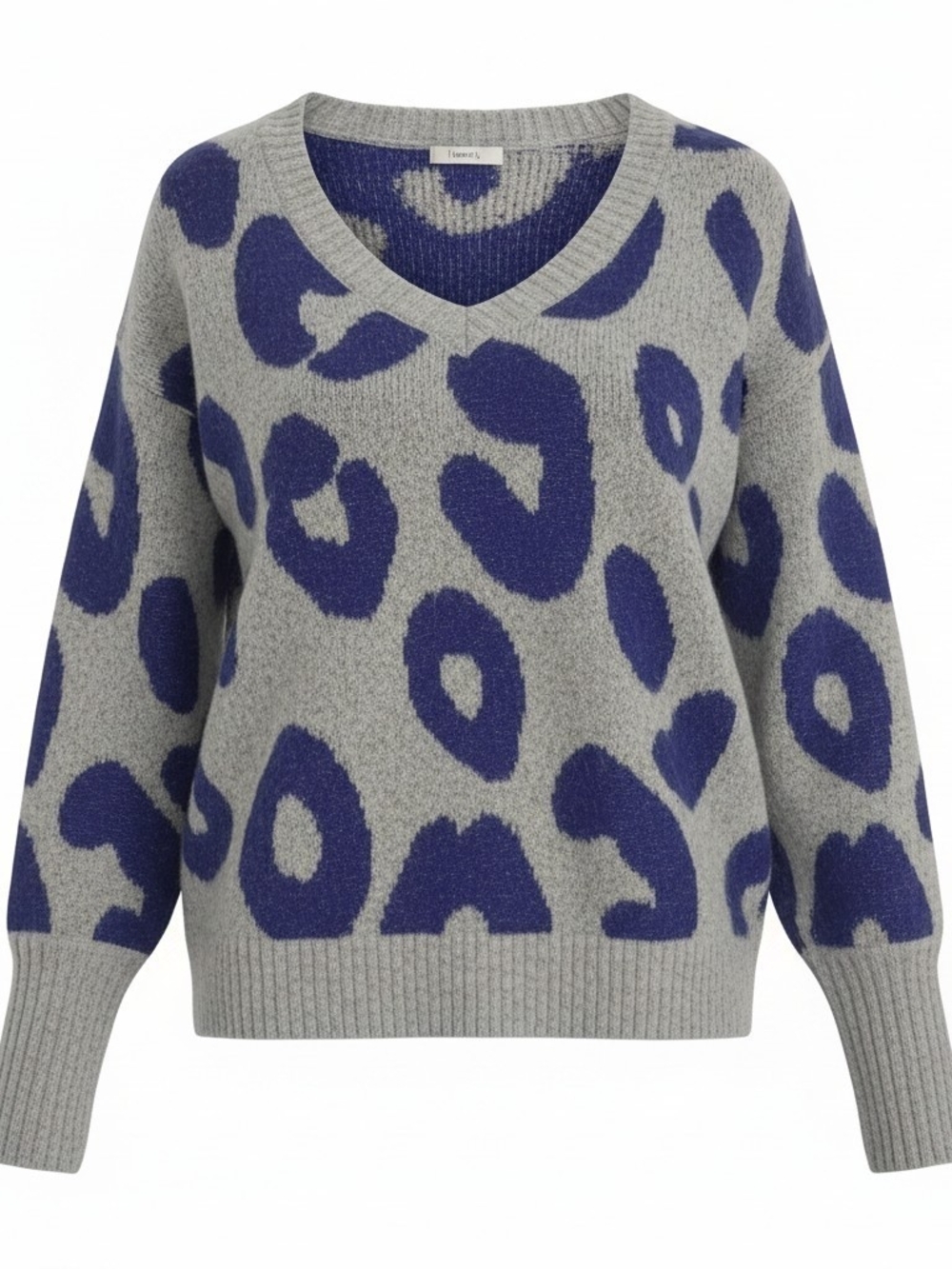 Kensie Grey V-Neck Sweater with Blue Abstract Animal Print